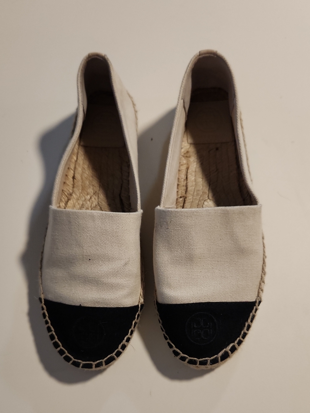 Tory Burch Cream Canvas Espadrilles with Black Toe Caps 8M